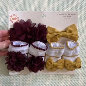 2 Headwraps & 2 booties faux shoes bowties Mary Jane floral flower bow NWT